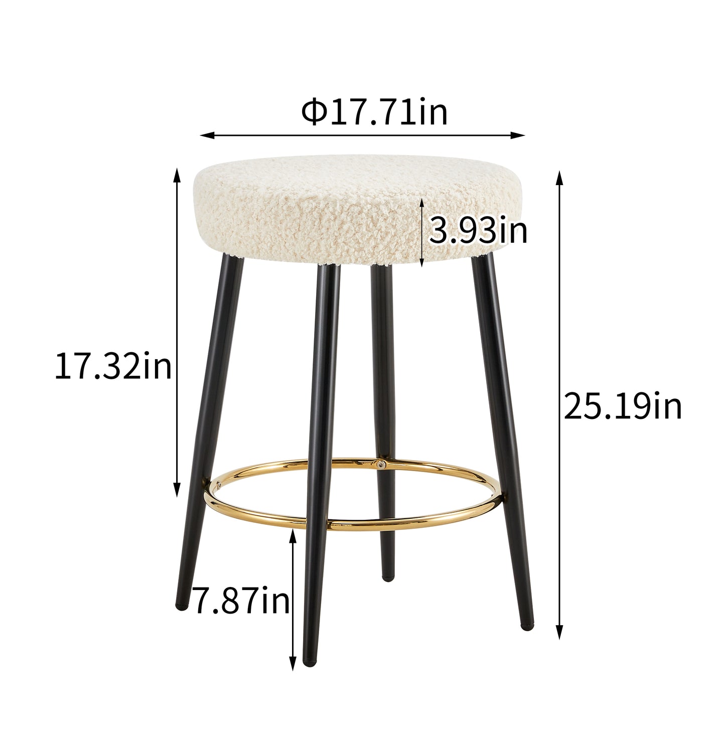 Belmont - Set of 2 - 24" Antique White Upholstered Bar Stools with Gold Footrest, Round Seat, Faux Leather, and Black Metal Frame for Kitchen or Bar