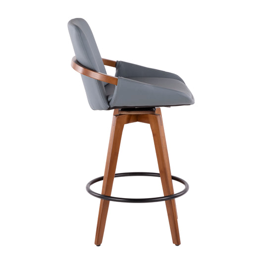 Caliri - Set of 2 - 26" Mid-Century Counter Stool ,Walnut & Grey Faux Leather - Stylish Fixed Height Design with Footrest