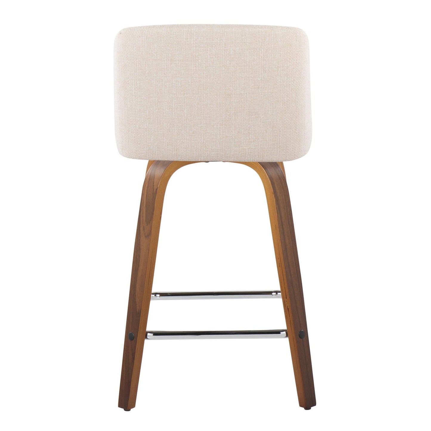 Stirua - Set of 2 - 26" Walnut Wood & Cream Fabric Mid-Century Counter Stools with Swivel & Chrome Footrest