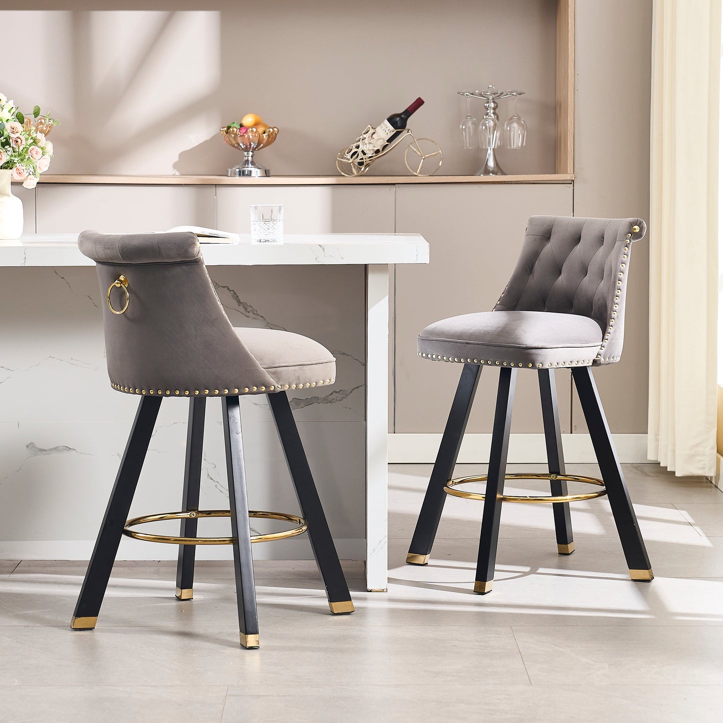 Evra - Set of 2 - Dark Gray Velvet Bar Stools with 360° Swivel, Rivet Detailing, and 26" Seat Height