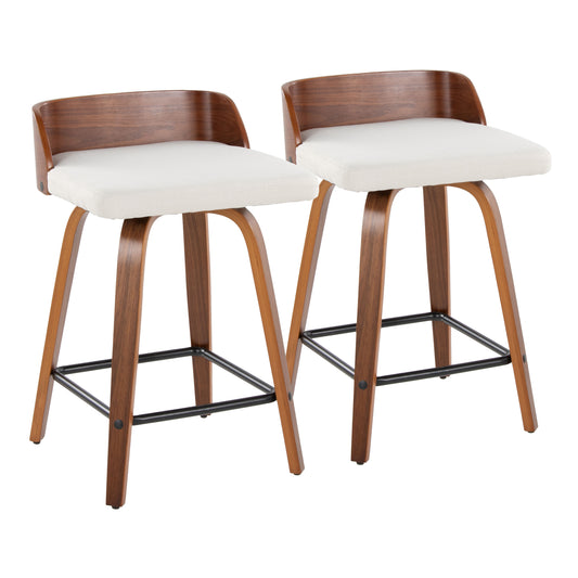 Molrienne - Set of 2 - 24" Mid-Century Modern Fixed-Height Swivel Counter Stools with Walnut Wood Frame, Cream Fabric Seat, and Square Black Metal Footrest