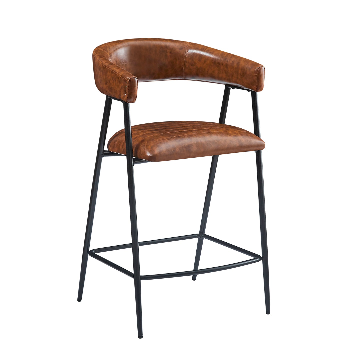 Launa - Set of 2 - 26" Brown PU Upholstered Counter Stools with Iron Frame, Backrest & Footrest for Kitchen, Bar, Home