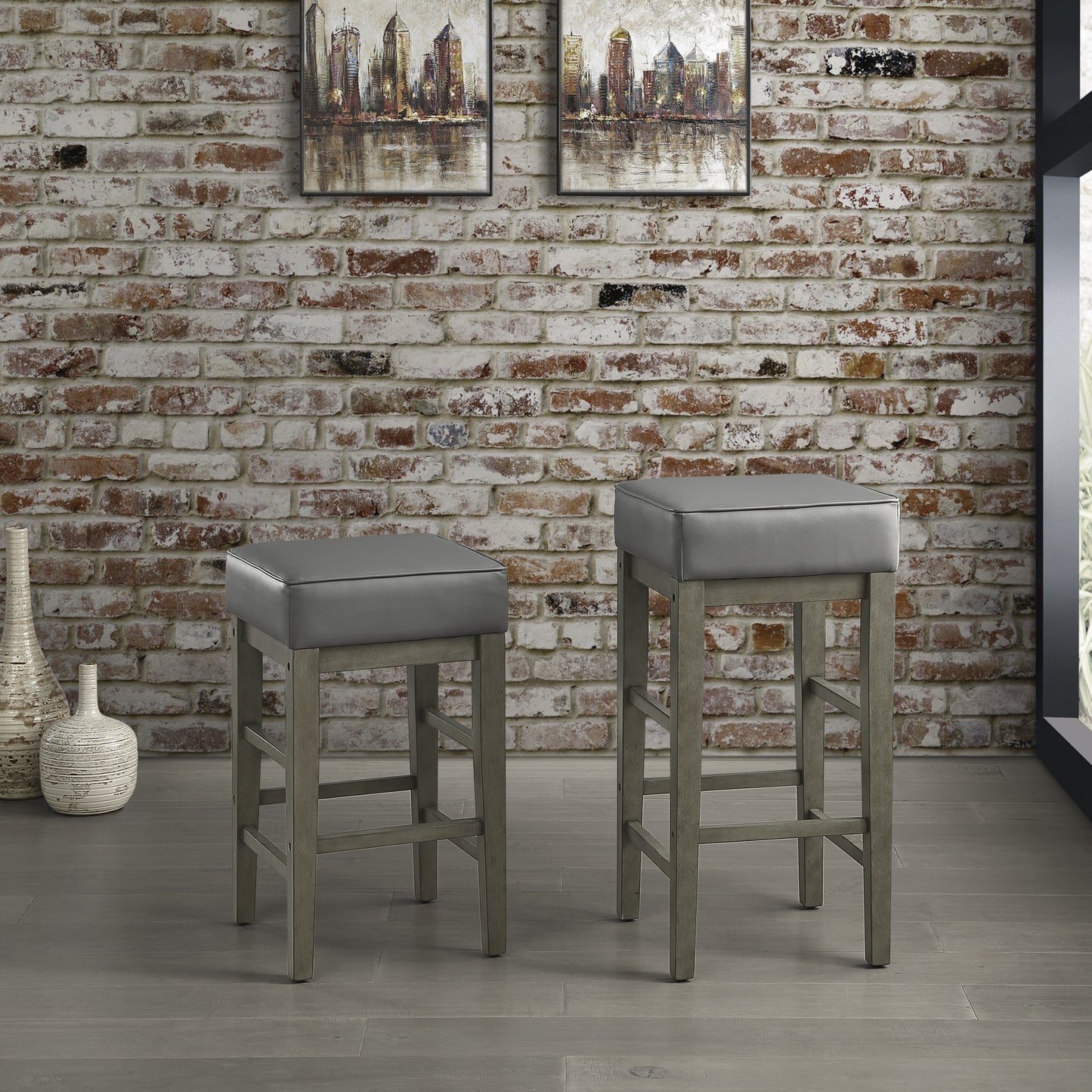 Pittsville - Set of 2 - 24" Antique Grey Solid Wood Counter Stools with Faux Leather Upholstery