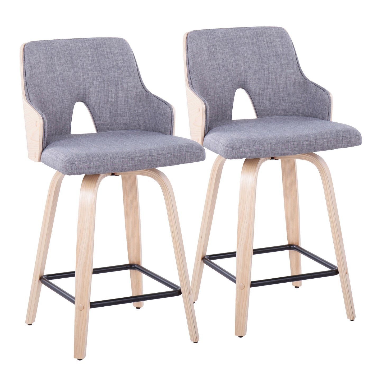 Stornham - Set of 2 - 24" Fixed-Height Swivel Counter Stools in Light Grey Fabric & Natural Wood with Black Metal Footrest