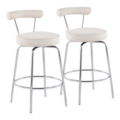 Rhonda - Set of 2 - 24" Chrome Contemporary Counter Stools with Cream Fabric Upholstery and 360° Swivel Seat