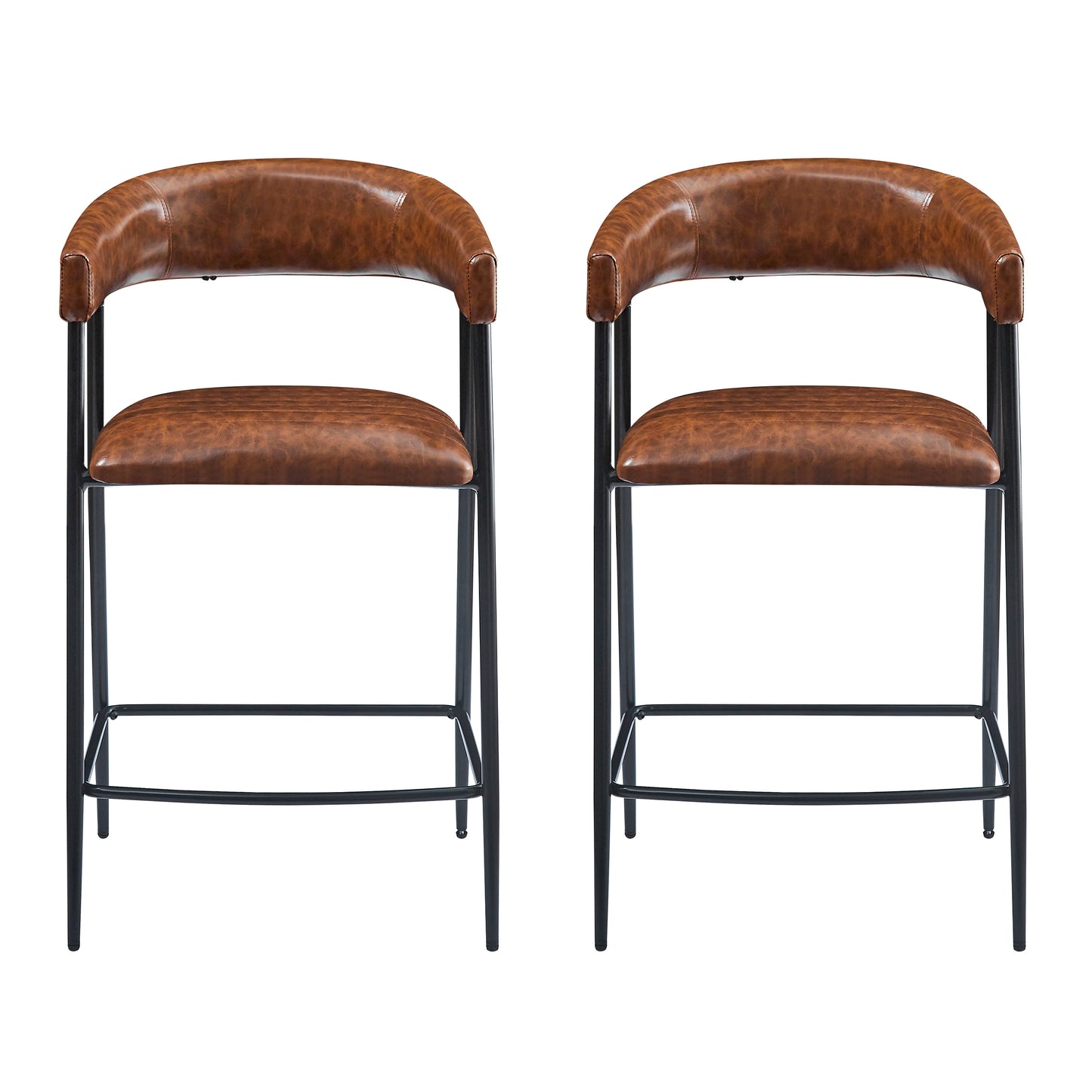 Launa - Set of 2 - 26" Brown PU Upholstered Counter Stools with Iron Frame, Backrest & Footrest for Kitchen, Bar, Home