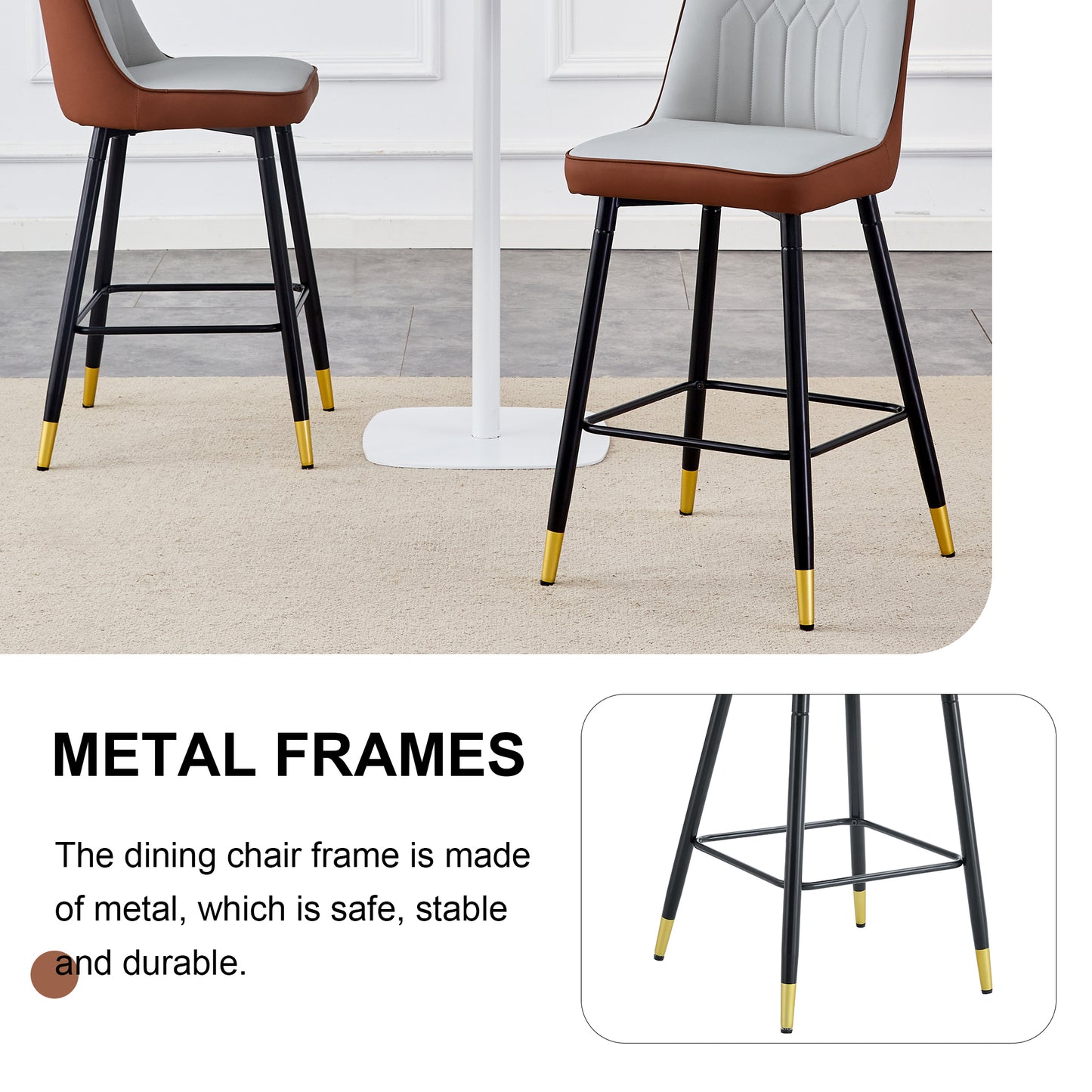 Harlow - Set of 2 - 27" Brown and Light Gray PU Bar Stools with Gold Accents and Black Metal Legs