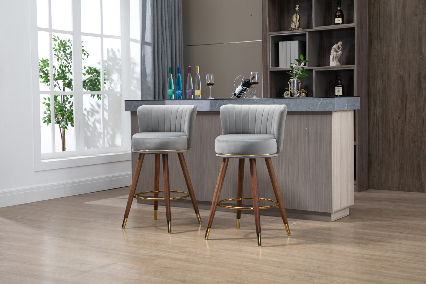 Avira - Set of 2 - 28" Grey Counter Height Swivel Bar Stools with Light Brown Solid Wood Legs, Retro Style and Upholstered Cushions