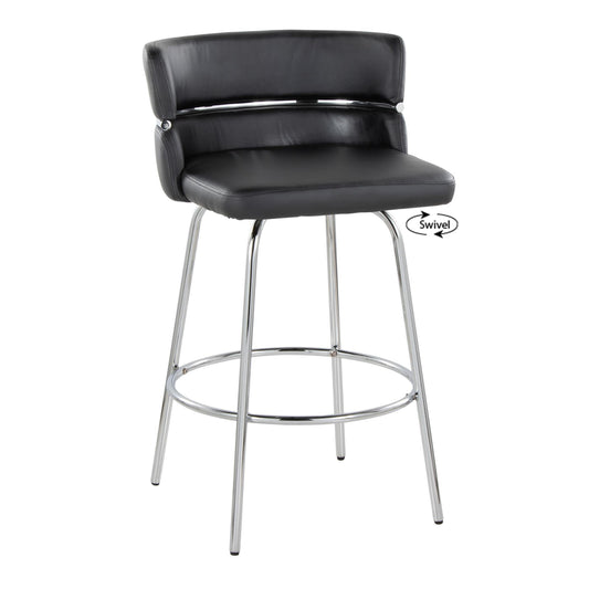 Caden - Set of 2 - 26" Black Swivel Counter Stools, Chrome Metal & Faux Leather