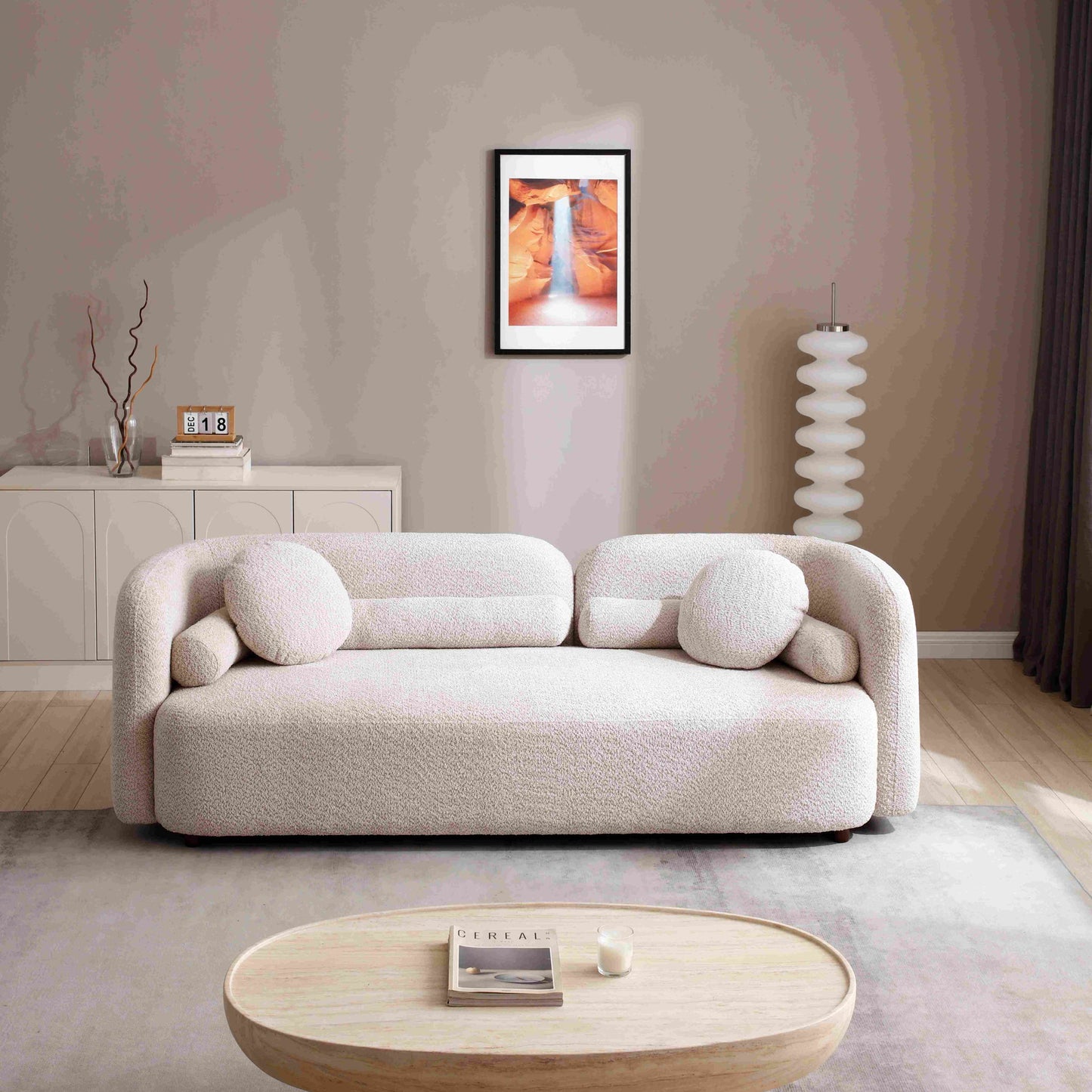 3 Seater Sofa Couch With Throw Pillows For Living Room - Light Beige