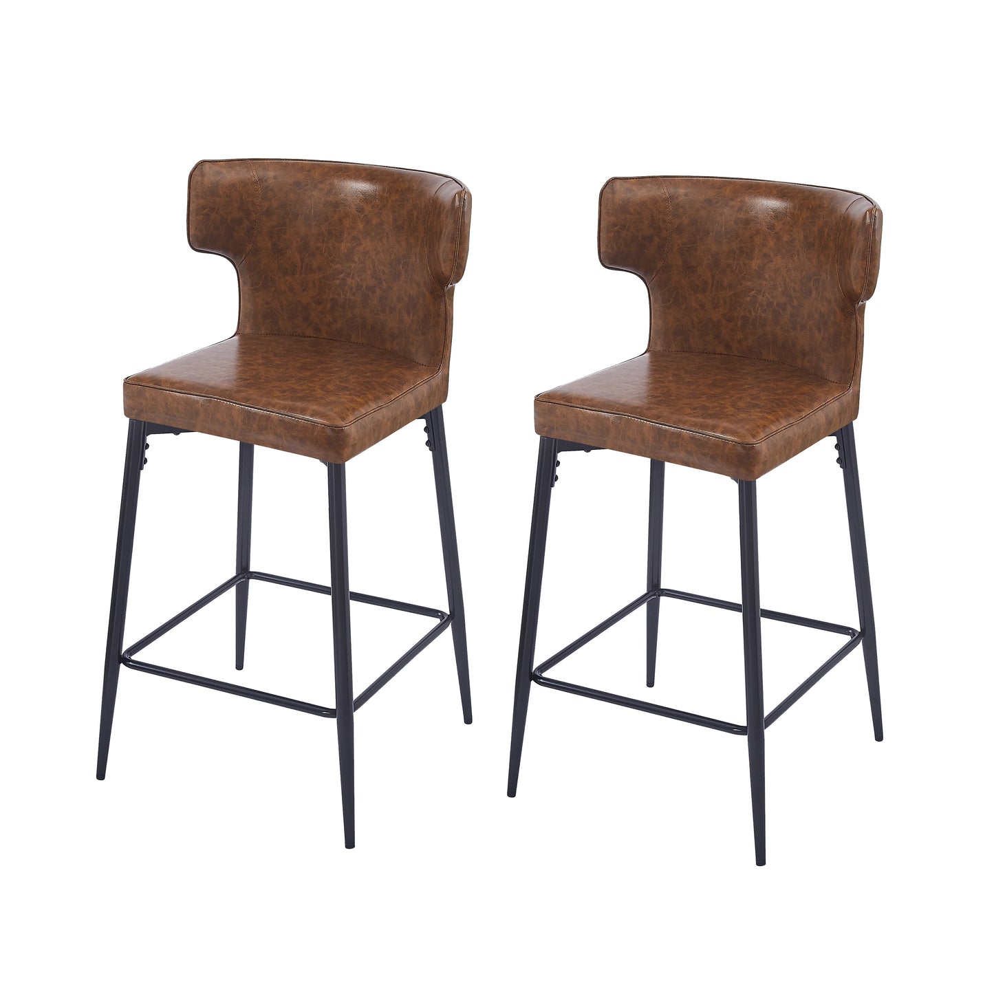 Monice - Set of 2 - 28" Counter Height Bar Stools with Brown Upholstered Polyurethane Leather Seat, Metal Frame, and Footrest for Kitchen Island or Bar Table