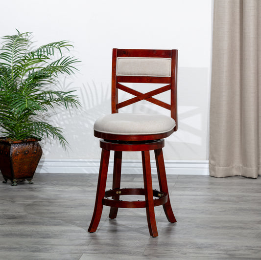 Salina - Set of 2 - 24" Counter Height X-Back Swivel Stools - Cherry Finish & Beige Upholstered Seat