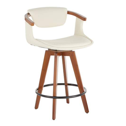 Ovantis - Set of 2 - 31" Mid-Century Modern Counter Stool - Walnut Bamboo, Cream Faux Leather