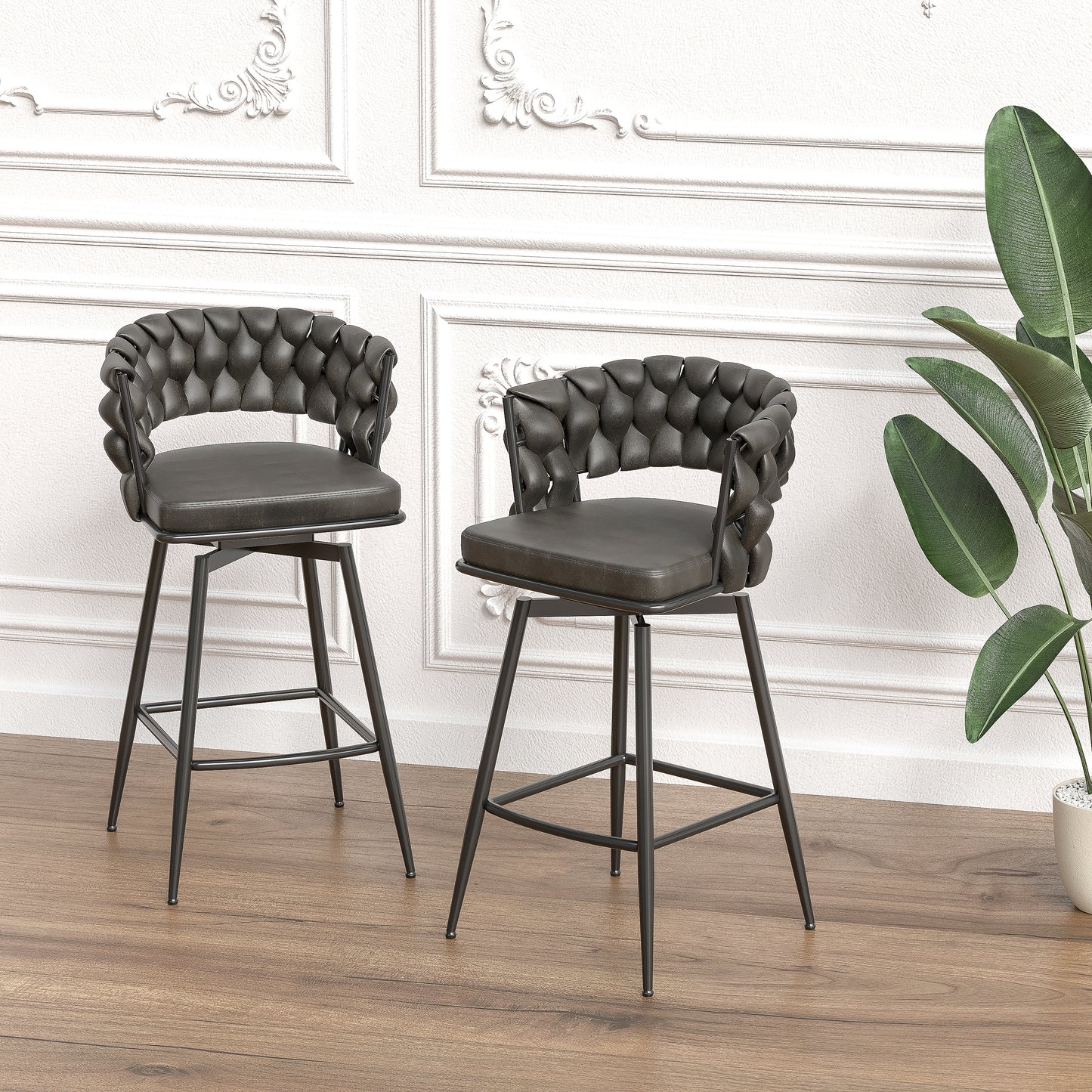 Gatsby - Set of 4 - 28" Tan Woven Leather Bar Stools with 360° Swivel Upholstered Counter Chairs, Back, and Black Metal Legs