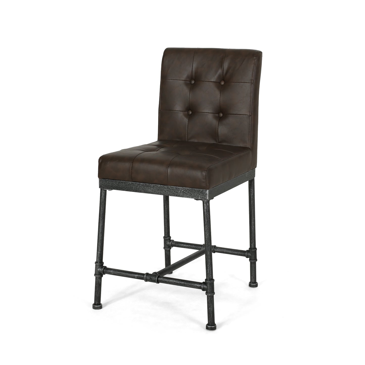 Naya – Set of 2 – 24" Dark Brown Upholstered Counter Stools with Industrial Metal Frame and Piping Details