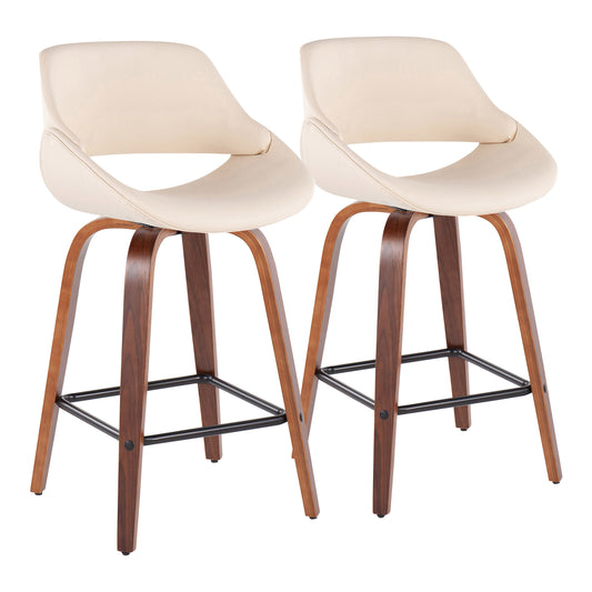 Letar - Set of 2 - 24" Cream Faux Leather & Walnut Wood Mid-Century Modern Swivel Counter Stools