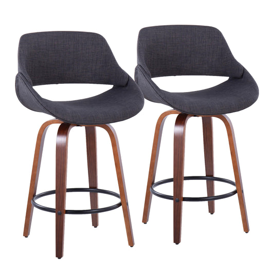 Lucero - Set of 2 - 20" Charcoal Upholstered Counter Stools, 360° Swivel with Walnut Wood Legs