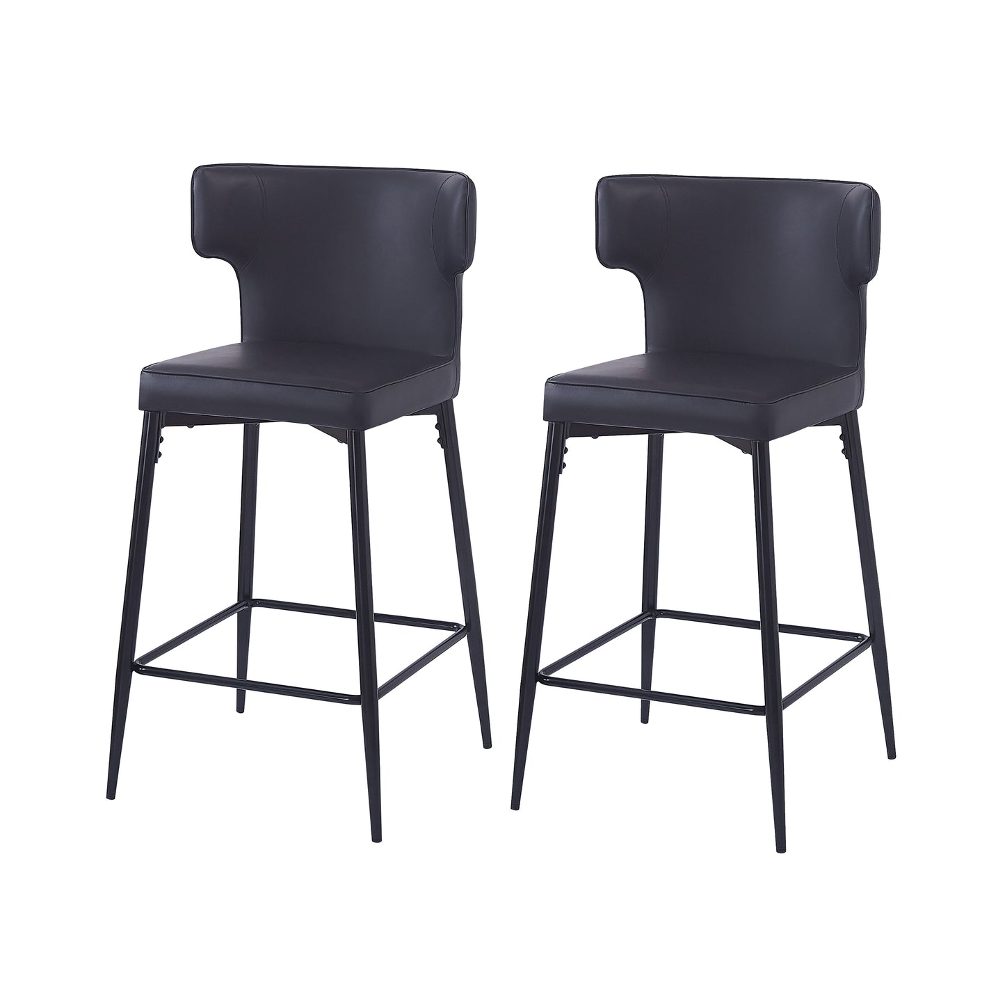 Hveron - Set of 2 - 28"Counter Height Bar Stools, Modern Black Upholstered Chairs with PU Leather, Metal Frame & Footrest for Kitchen Island or Bar Table