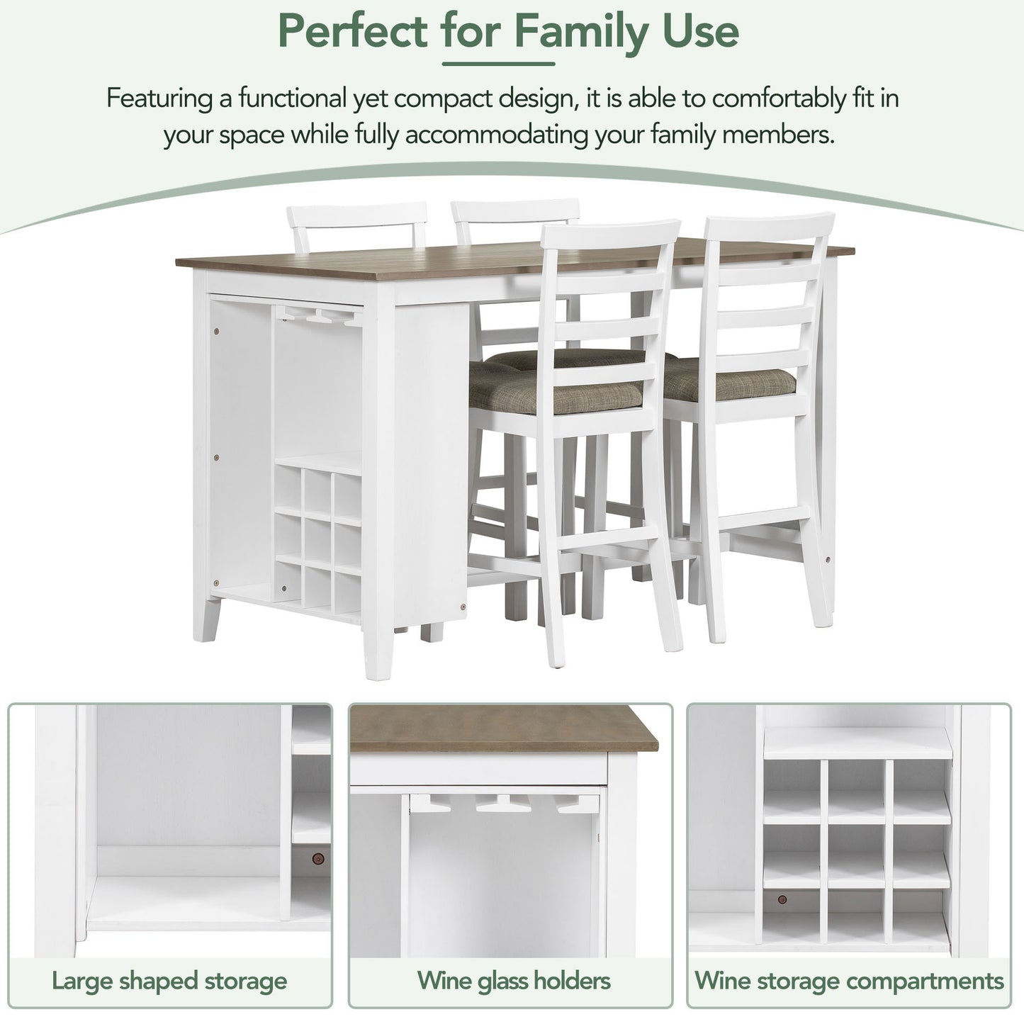 Winchester - Set of 5 - 25" Rubber Wood Counter Height Dining Set with Padded Chairs and Wine Storage - Rustic Brown & White Wash Finish