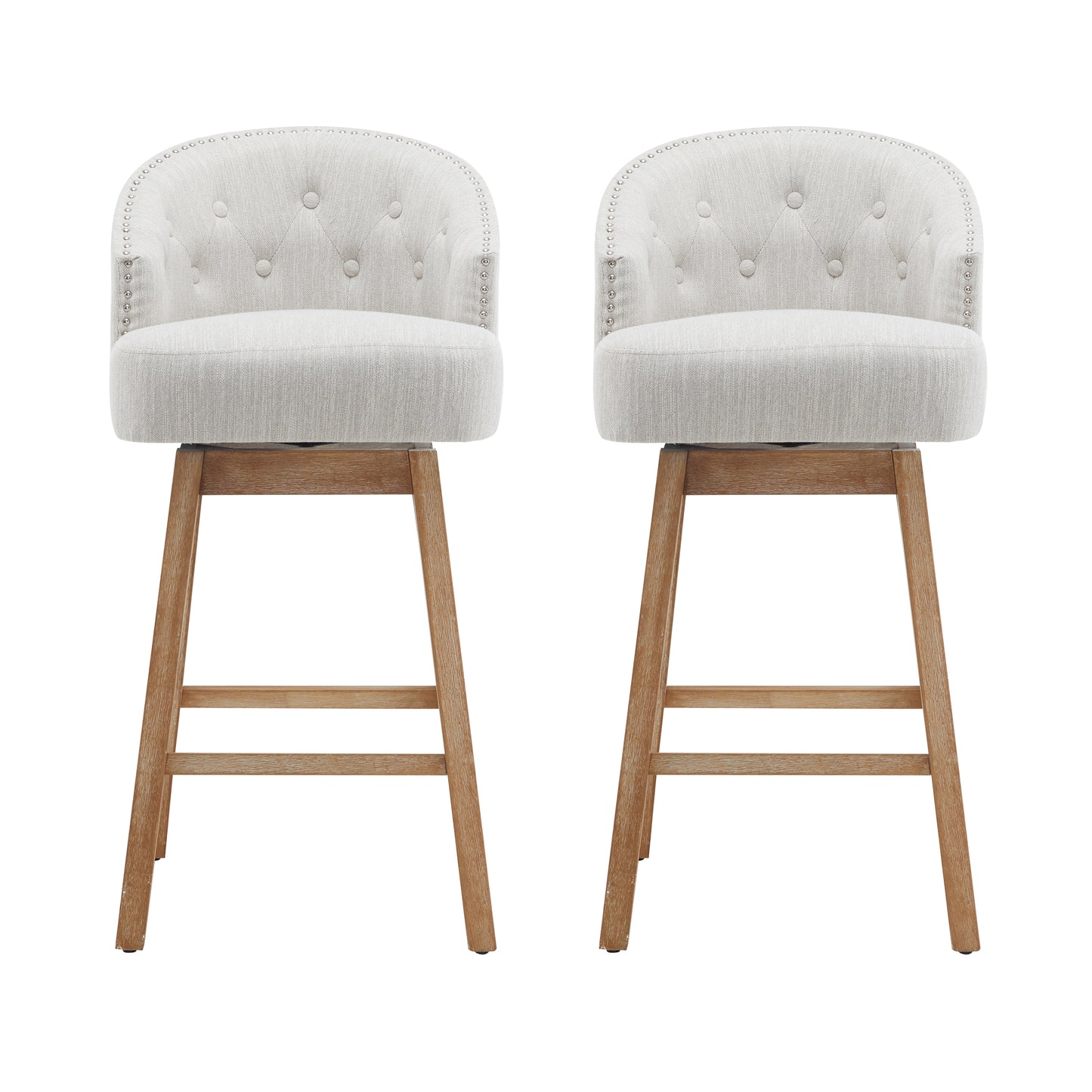 Crest - Set of 2 - 26" Swivel Counter Stools, Natural Wood Frame with Beige Upholstered Seat, Armless Counter Height Stools for Kitchen or Home Bar