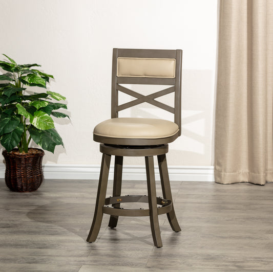 Calavon - Set of 2 - 24" Weathered Gray Counter Height X-Back Swivel Stools with French Gray Leather Upholstered Seat