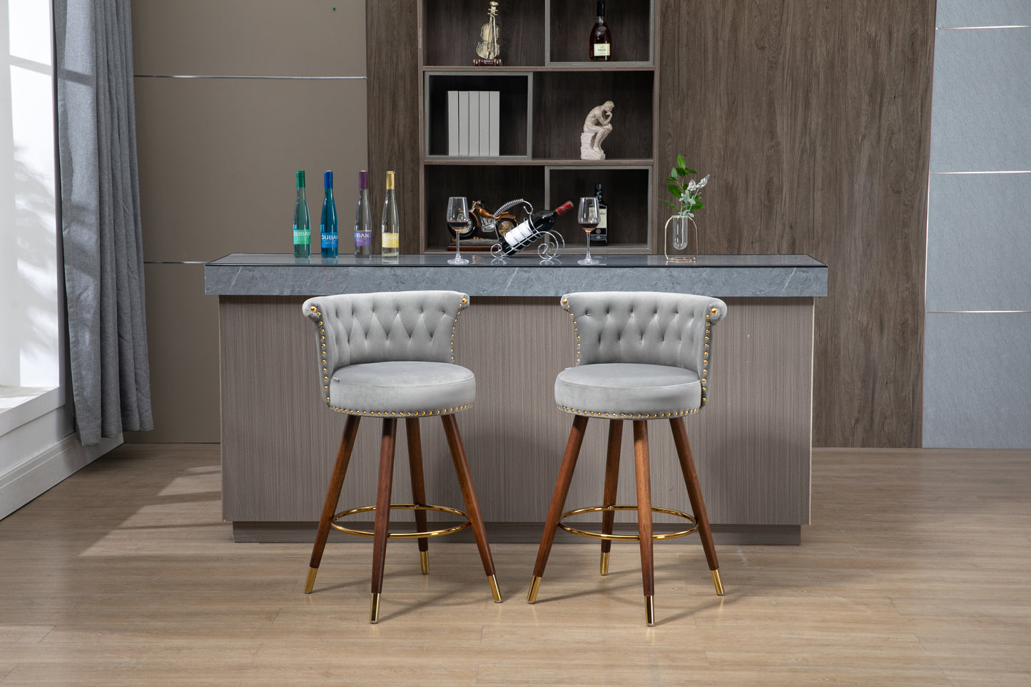 Astoria - Set of 2 - 30" Gray Swivel Bar Stools with Backrest, Footrest, and 360° Rotation, Solid Wood Chairs with Comfortable Padded Seat, Transitional Style