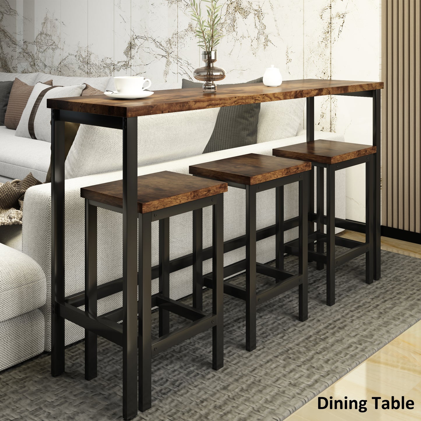 Thalor - Set of 2 - 24" Counter Height Stools with Extra Long 60.2" Brown Table and Footrest, Space-Saving Design