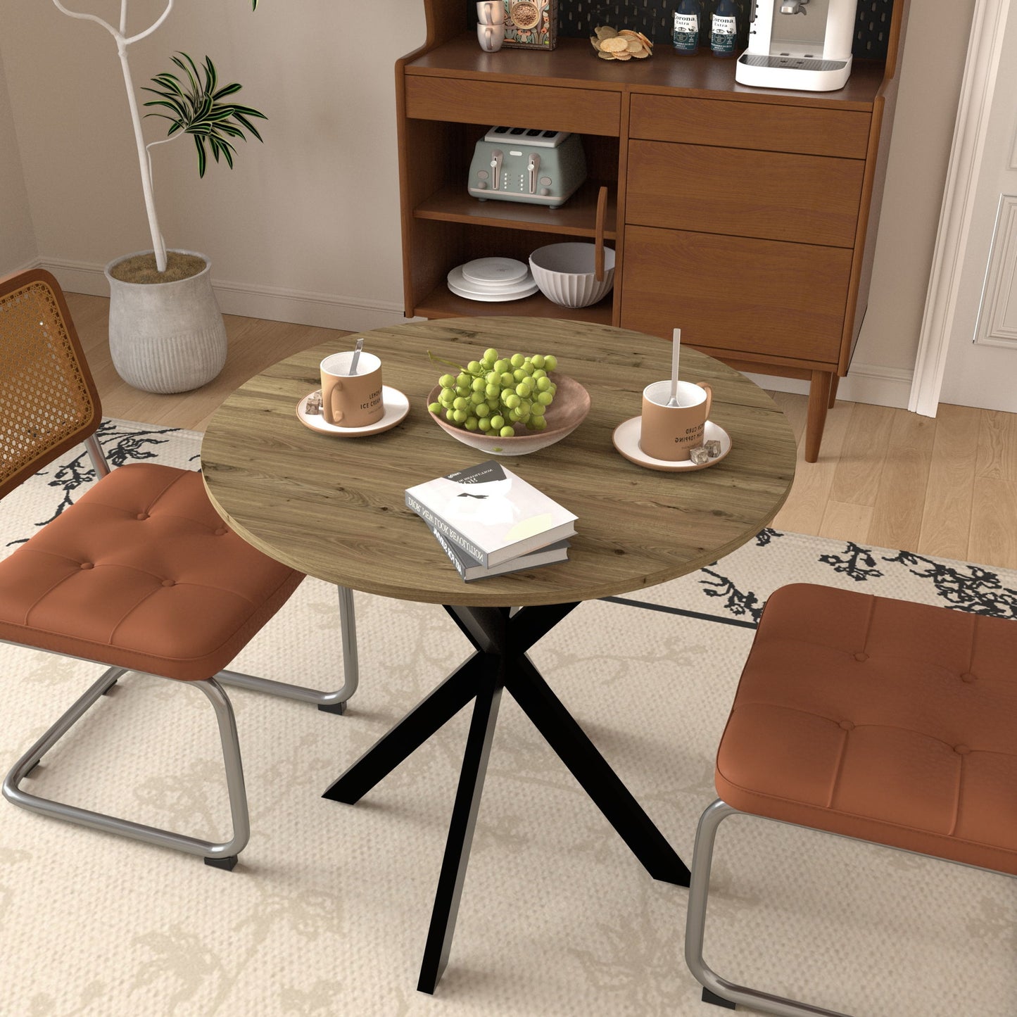 Round Dining Table For 2 - 4 People, Compact Kitchen Or Dining Room - Rustic Brown