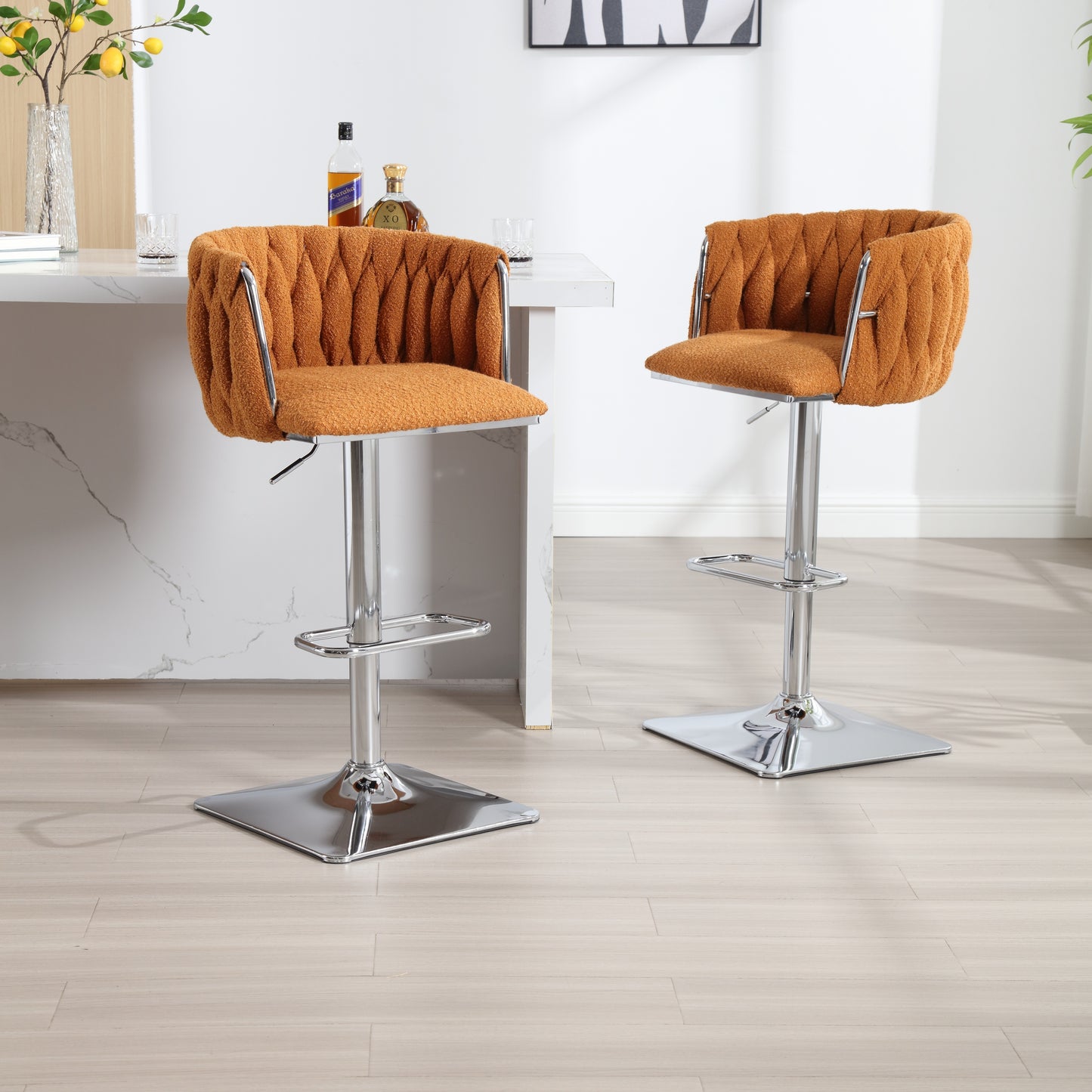 Bellavue Luxe - Set of 2 - 26" Swivel Counter Stools with Orange Boucle Upholstery and 360° Rotation