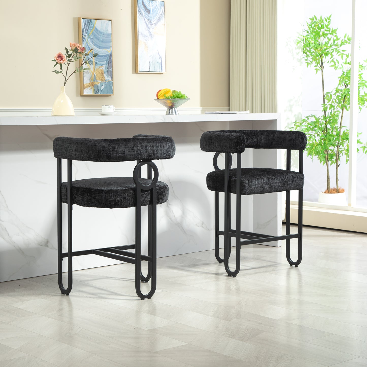 Rafferty - Set of 2 - 24" Black Chenille Upholstered Modern Bar Stool with Backrest, Black Metal Frame for Kitchen Island, Pub, or Club