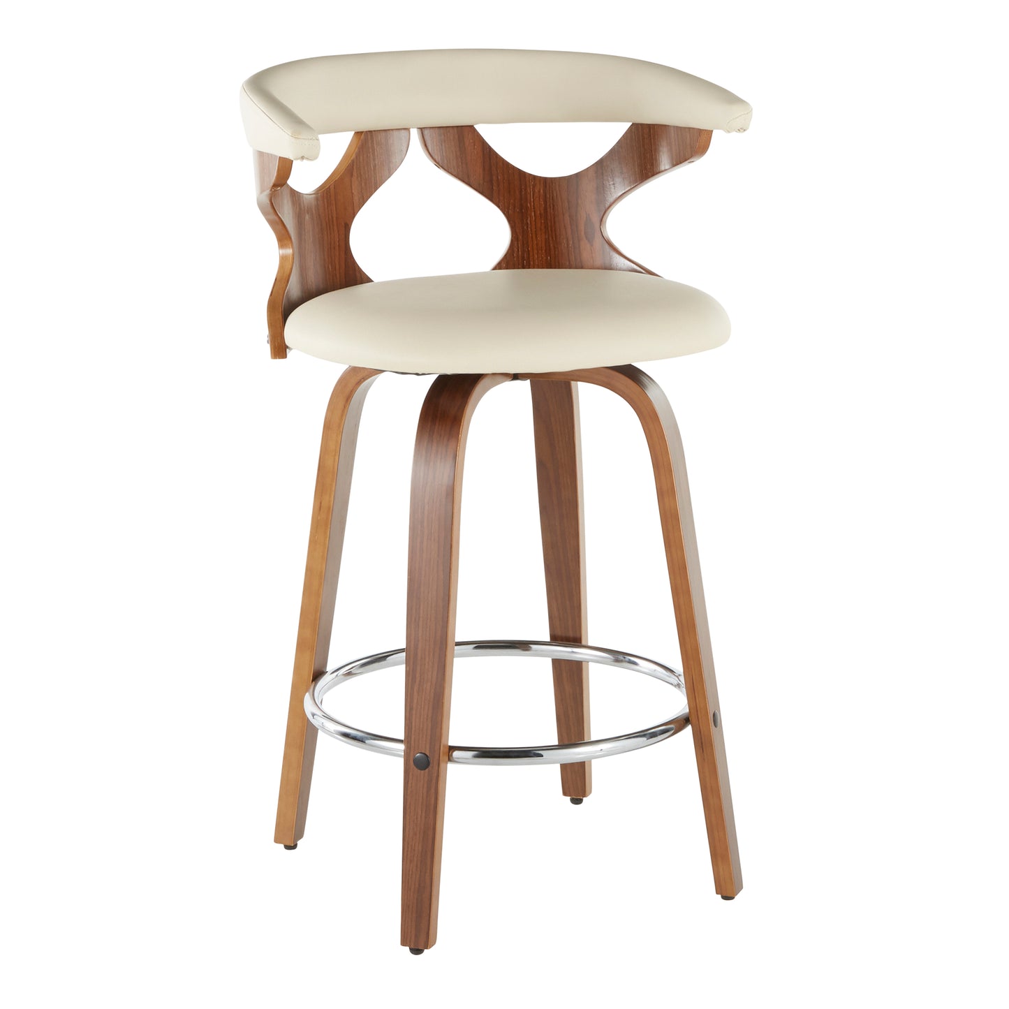 Grenith – Set of 2 – 24" Cream Faux Leather Mid-Century Modern Counter Stools with Walnut Lattice Back and 360° Swivel