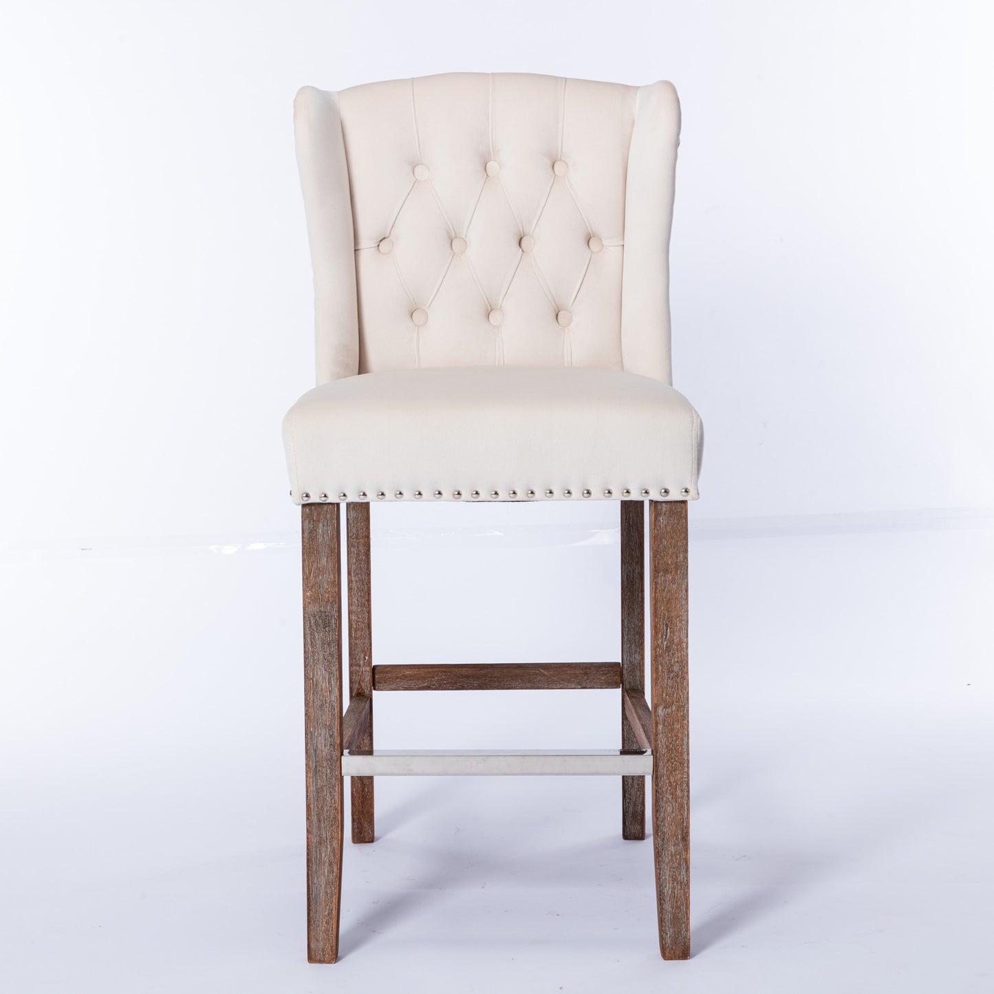 Vyrellr - Set of 2 - 27" Wingback Counter Height Bar Stools with Beige Velvet Upholstered Seat, Tufted Backrest, Nailhead Trim, and Wood Legs