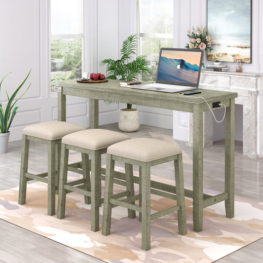 Granger - Set of 4 - 24" Green Rustic Dining Set with Harvey 4-Piece Counter Height Table, Fabric Padded Stools, Built-in Charging Port, Compact Design