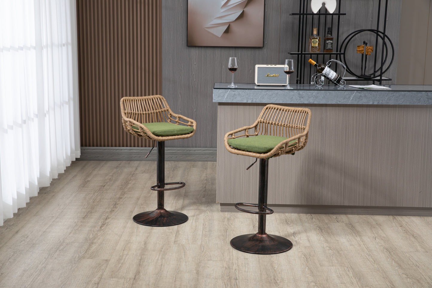 Ardelle - Set of 2 - 26" Adjustable Green Linen Swivel Bar Stools with Footrest, Metal & Rattan Base for Kitchen or Dining Room