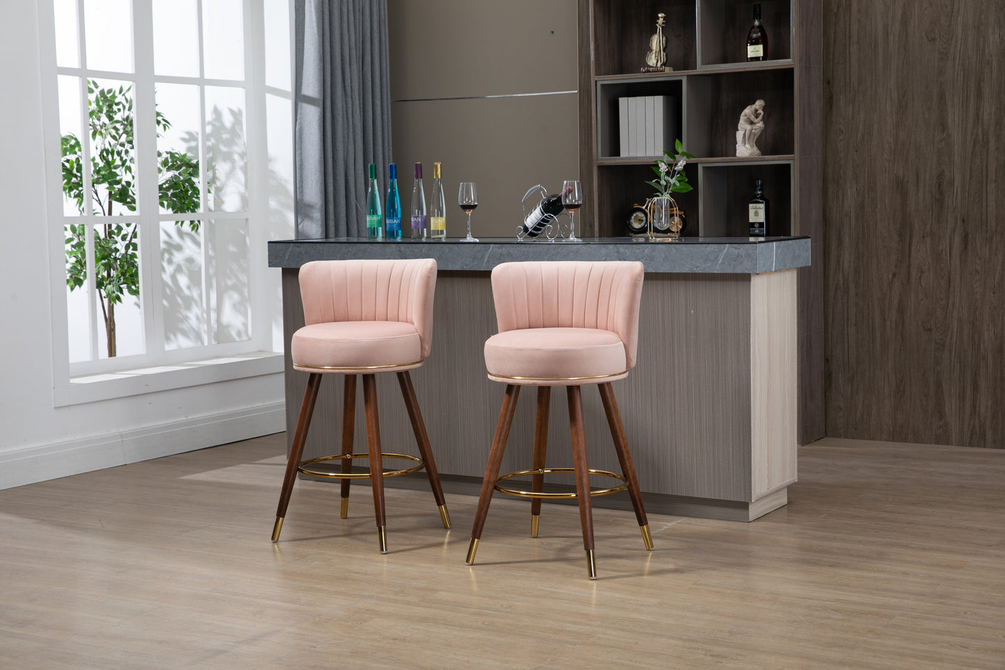 Lavantro - Set of 2 -28" Counter Height Handcrafted Swivel Bar Stools with Pink Fabric, Solid Wood Legs & 360° Rotation - Vintage Retro Design