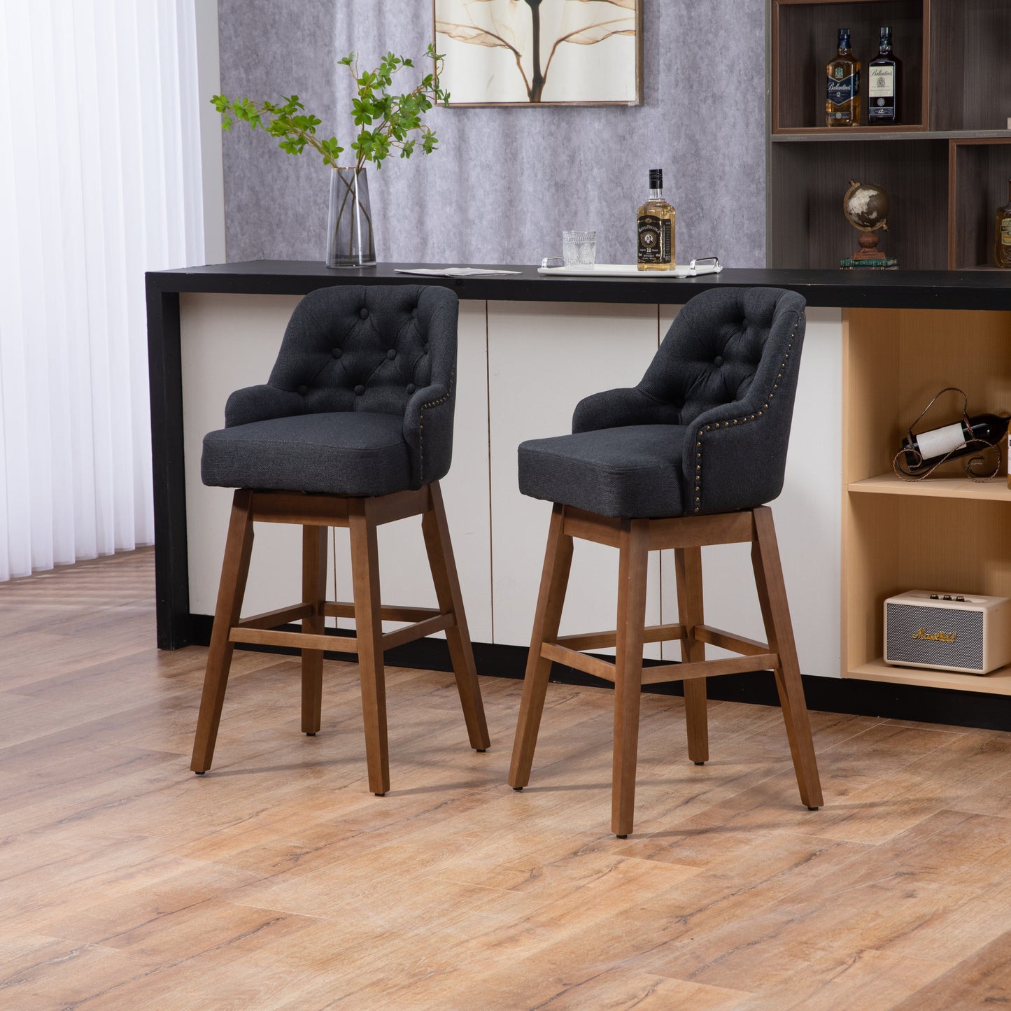 Vianna- Set of 2 - 30" Black Linen Counter Height Bar Stools with Button-Tufted Design, 360° Swivel, and Solid Wood Legs