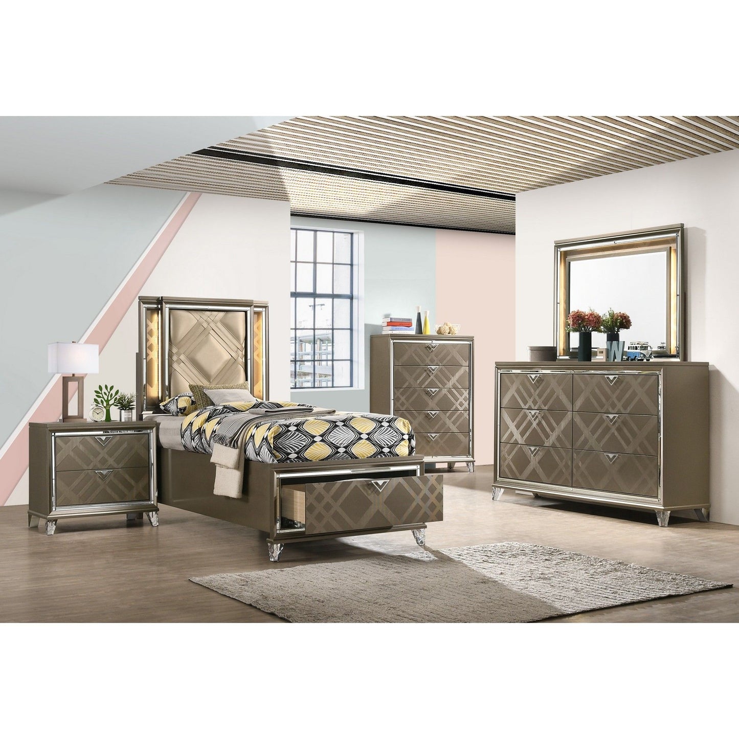 Skylar - Full Bed With LED & Storage - Dark Champagne