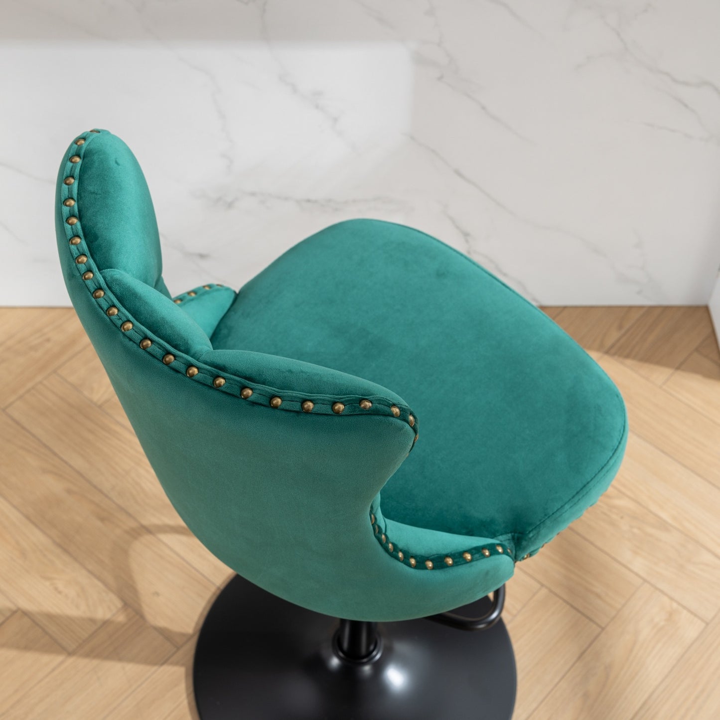 Luxury  - Set of 2 - 25" Green Velvet Swivel Barstools with Adjustable Seat Height, Upholstered Tufted Chairs & Copper Nailheads