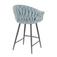 Matil - Set of 2 - 26" Braided Counter Stools with Black Metal Frame, Grey Faux Leather, and Blue Fabric Upholstery