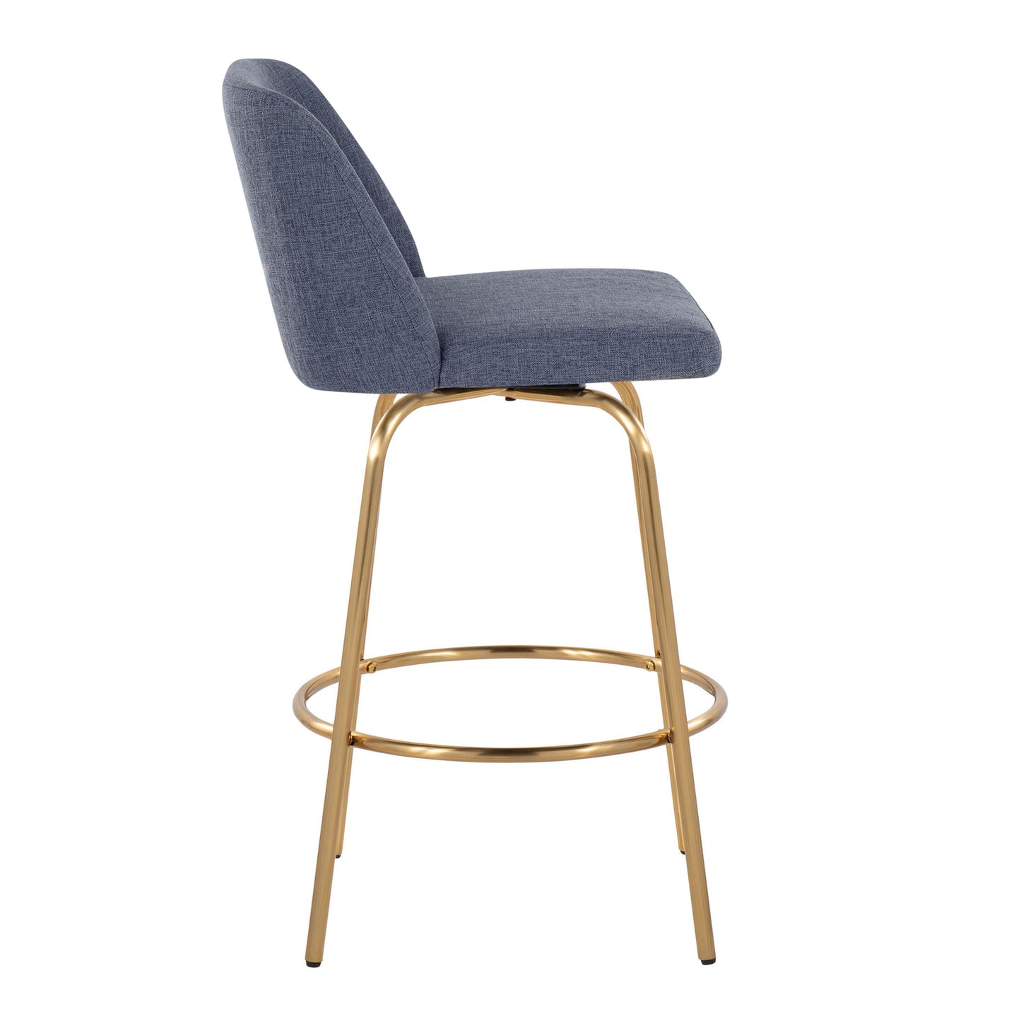 Theoden - Set of 2 - 26" Contemporary Fixed-Height Swivel Counter Stools, Blue Fabric with Gold Metal Base and Footrest by LumiSource