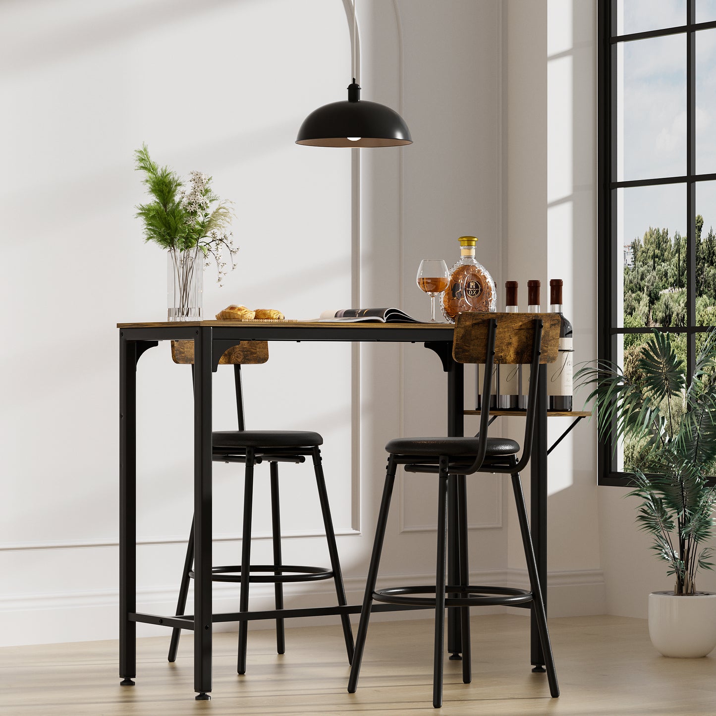 Hazelbrook - Set of 2 - 25" Rustic Brown Industrial Bar Table with Adjustable Base and Metal Stools