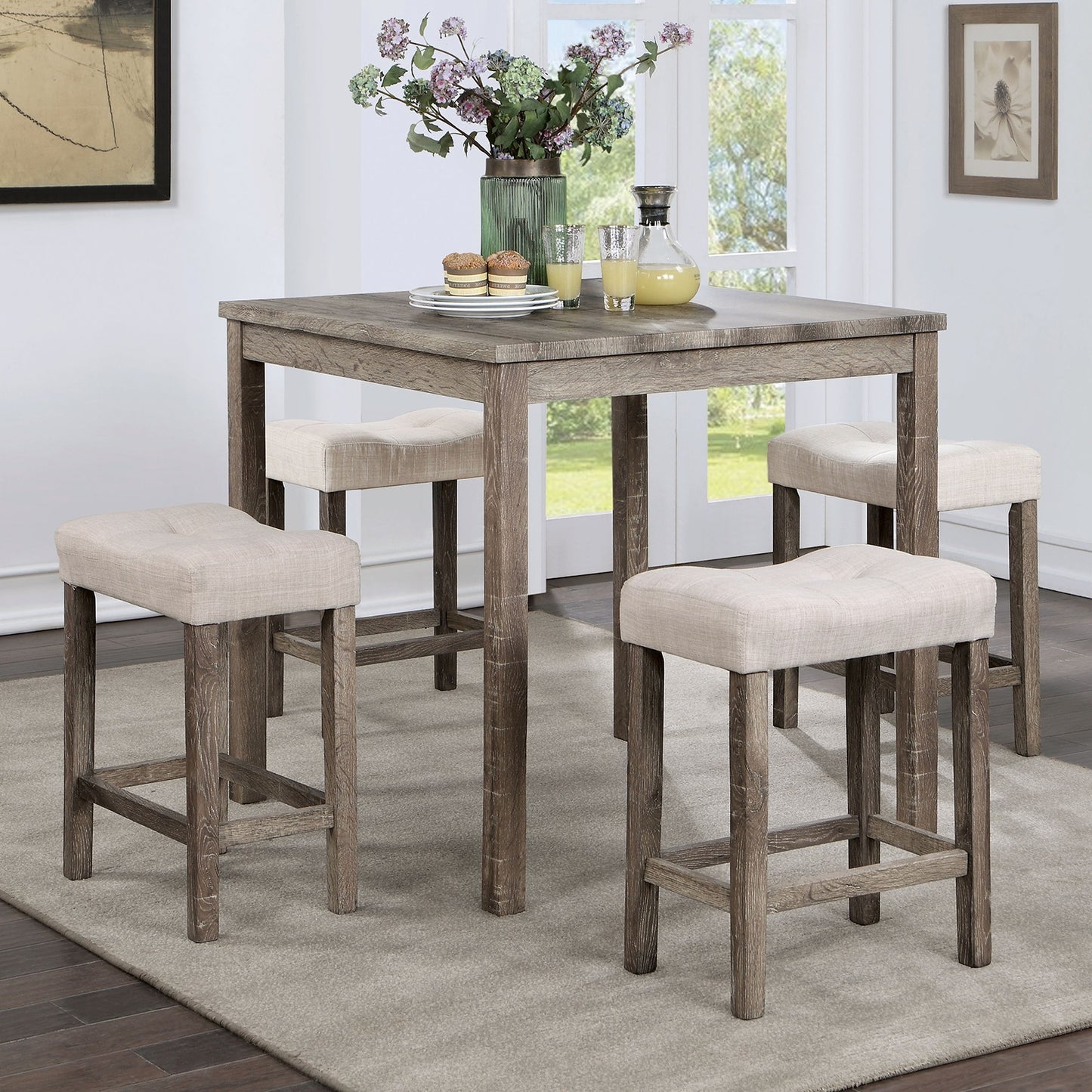 Torreon - Set of 5 - 24" Stool - Gray & Beige Transitional Counter Height Dining Set with Fabric Upholstered Saddle Seat Stools, Solid Wood Dining Table