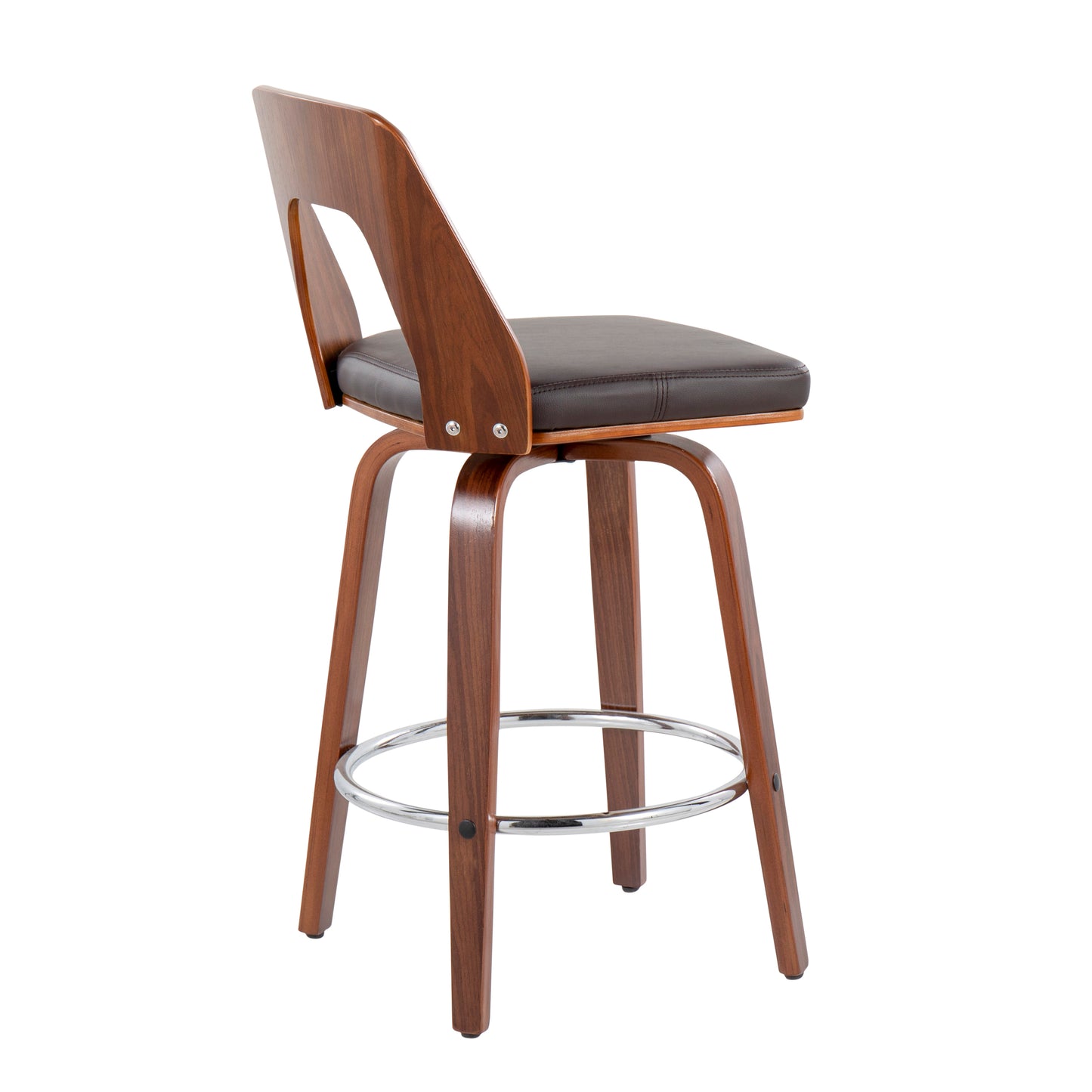 Trilogy - Set of 2 - 20" Walnut Mid-Century Modern Counter Stools with Brown Faux Leather Upholstery