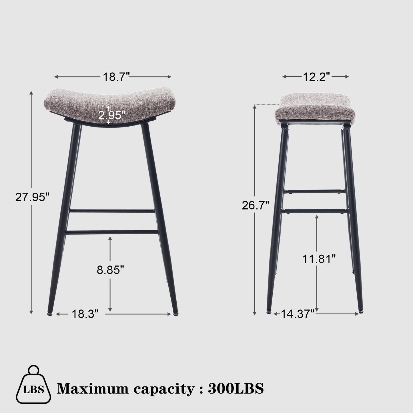 Tuscany - Set of 2 - 28" Armless Modern Linen Bar Stools with Coffee-Coloured Upholstery, Sleek Design, and Durable Metal Footrest for Stylish Dining Spaces