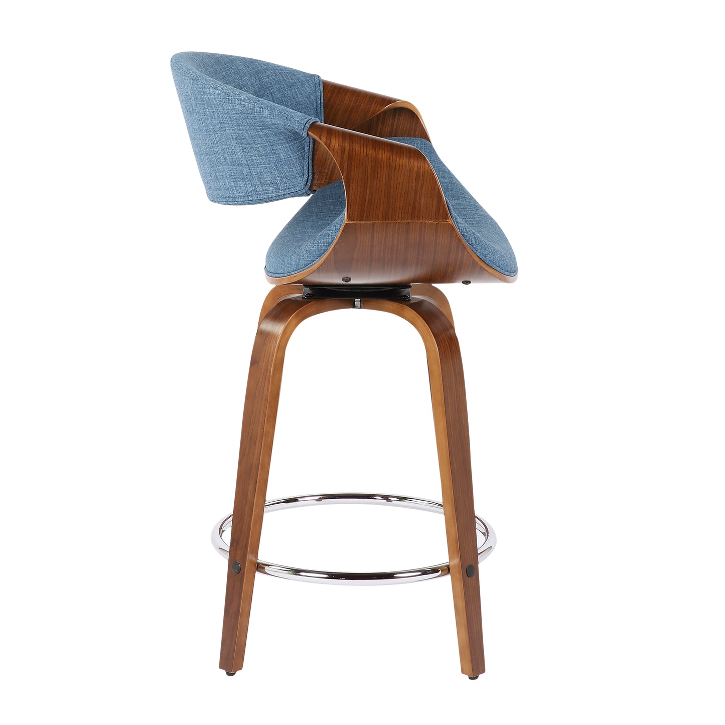 Curvini - Set of 2 - 26" Walnut Wood & Blue Fabric Mid-Century Counter Stools with Swivel & Armrests