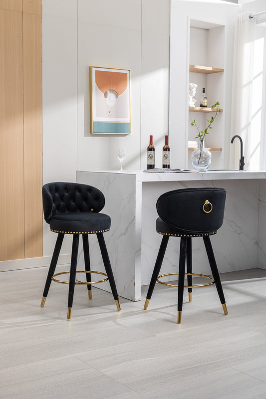 Lathenor - Set of 2 - 26" Black Velvet Counter Height Bar Stools with Solid Wood Legs, Fixed Height, and 360° Swivel for Kitchen or Bar Seating