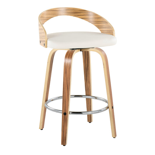 Gilda - Set of 2 - 26" Mid-Century Modern Swivel Counter Stools in Zebra Wood & White Faux Leather with Chrome Footrest