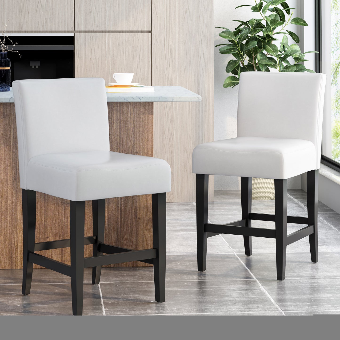 Zahara - Set of 2 - 29" Ivory Bonded Leather Counter Stools with High Back