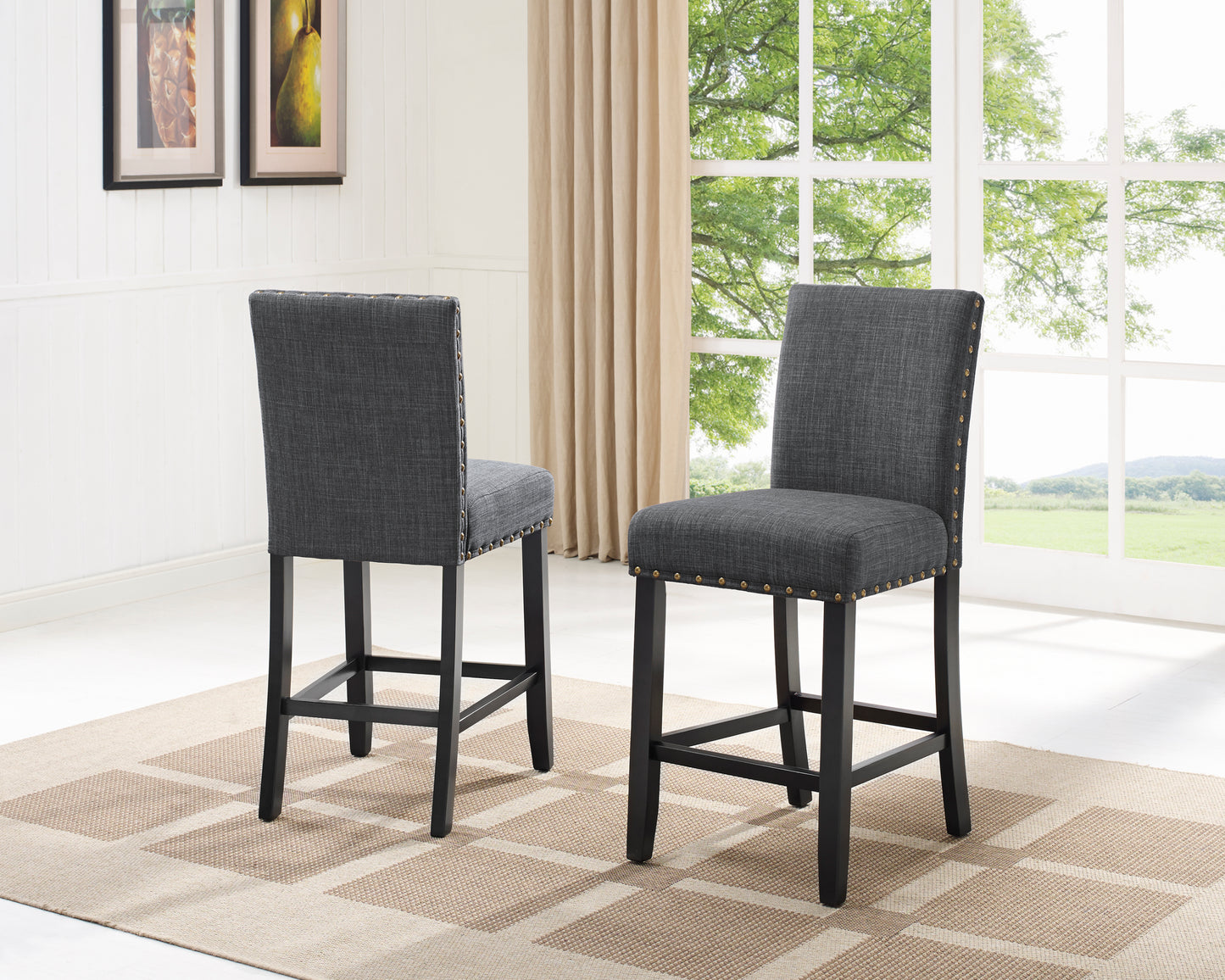 Ezriel - Set of 5 - 26" Grey Fabric Nailhead Counter Stools with Round Espresso Wood Table for 4