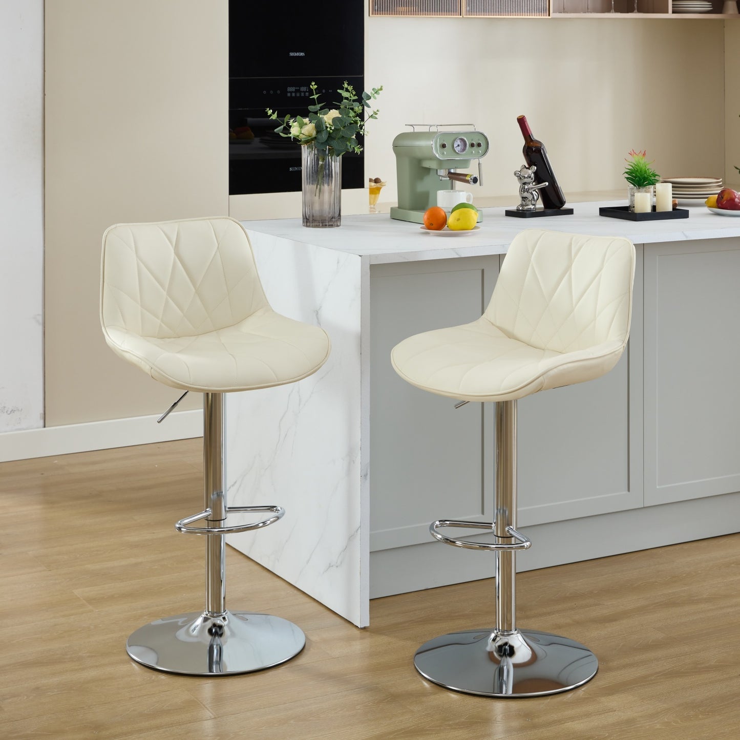 Shira - Set of 2 - 25-33" Cream PU Leather Adjustable Swivel Bar Stools with Back, Chrome Base, and Ergonomic Design for Kitchen Island or Bar